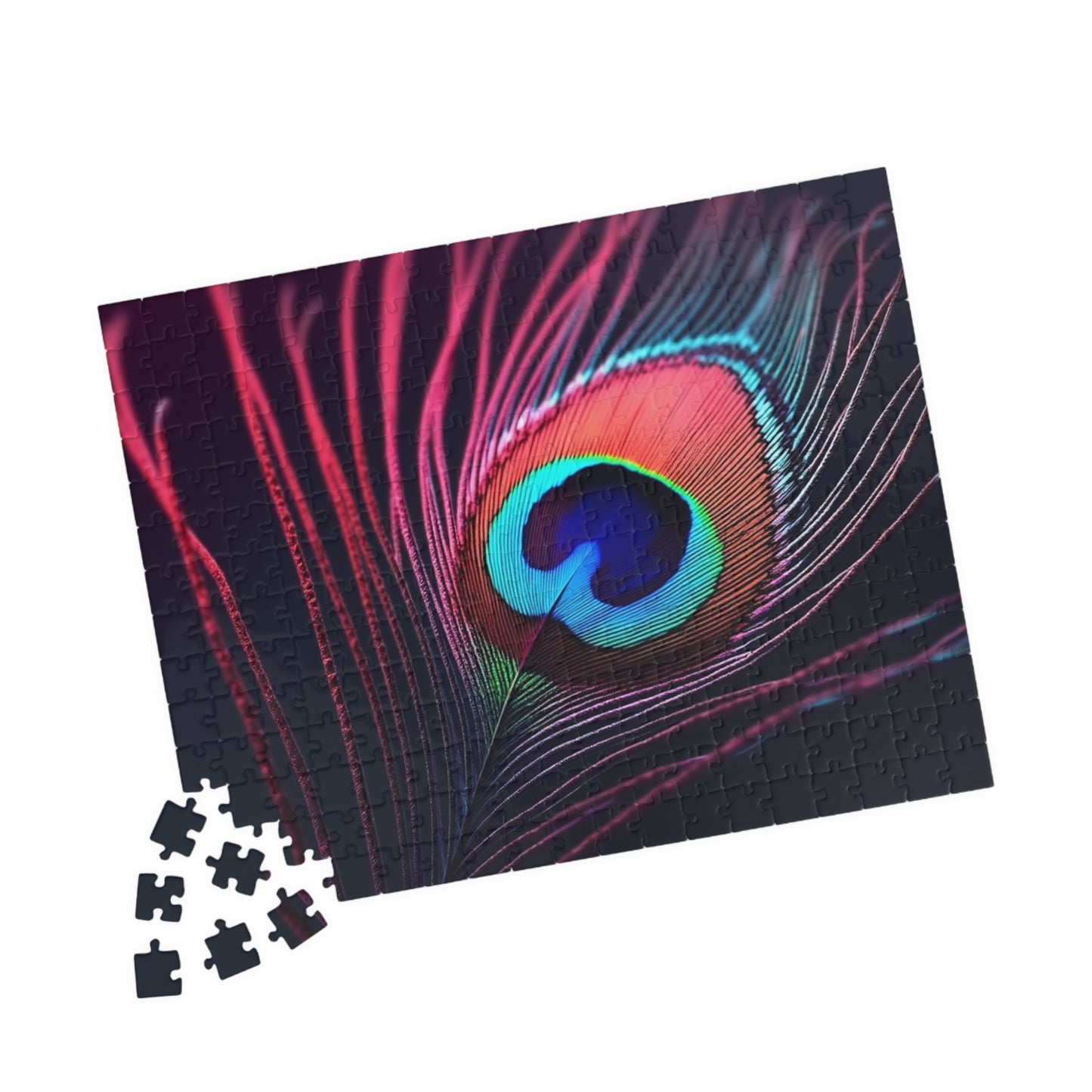 Peacock Eye Feather, Magenta / Tropical Puzzle, 4 Sizes - Relaxing Jigsaw for Island Vibes