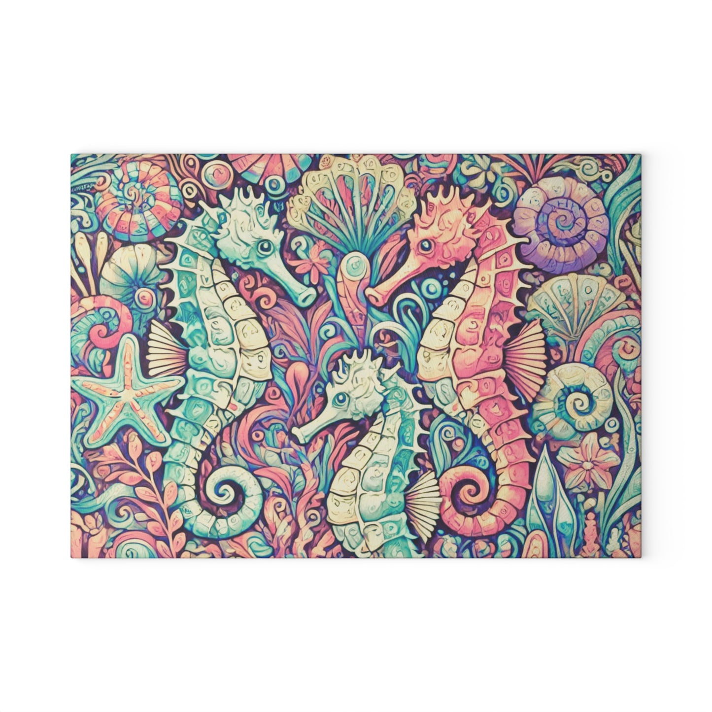 Glass Cutting Board, 2 sizes - Seahorses Retro