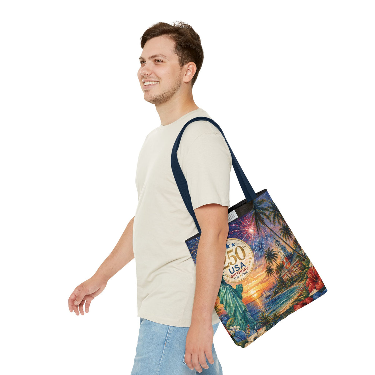 Tote Bag — 250th USA Birthday Patriotic Beach Tote with Statue of Liberty & Fireworks