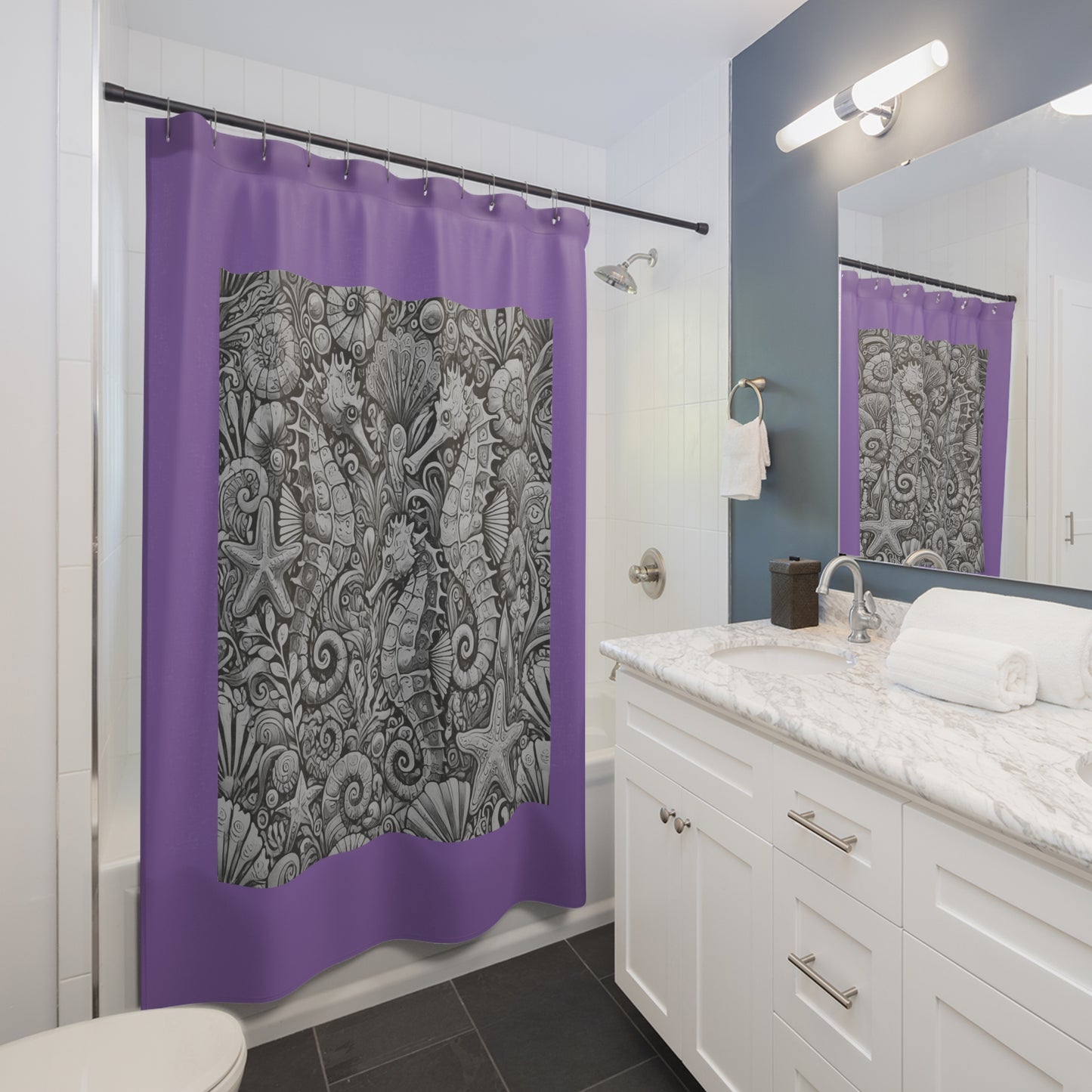 Tropical Shower Curtain - Ocean Bathroom Decor / Seahorse Trio Noir/Lt. Purple
