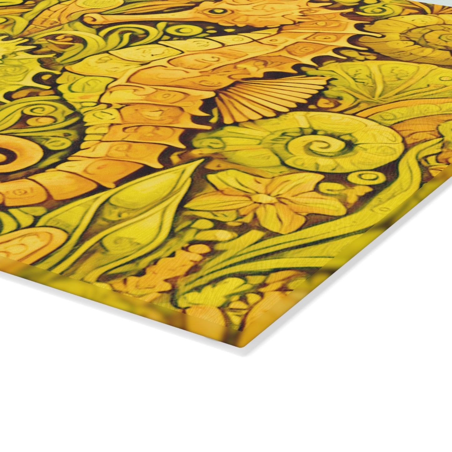 Glass Cutting Board, 2 sizes - Seahorses/Yellow