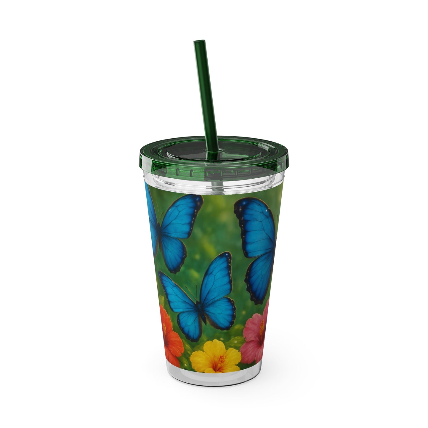 Tropical Tumbler with Straw | 16oz Colorful Travel Cup / Morpho Butterflies Flight
