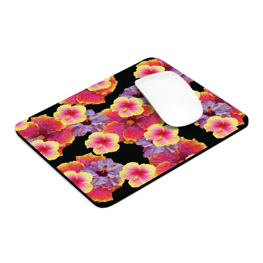 Tropical Mouse Pad, 2 Shapes - Floral Vibes for Home Office & Gamer / Hibiscua Mix, Black