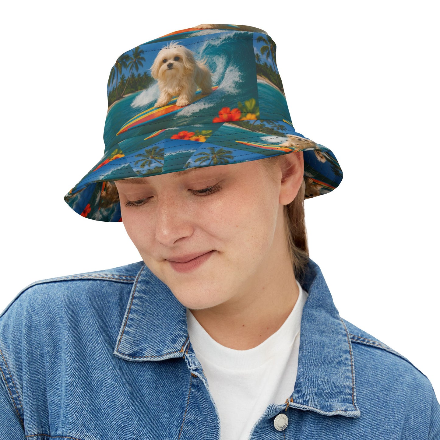 Tropical Polyester Bucket Hat, 2 Sizes - Puppy Ariel the Dog Surfer
