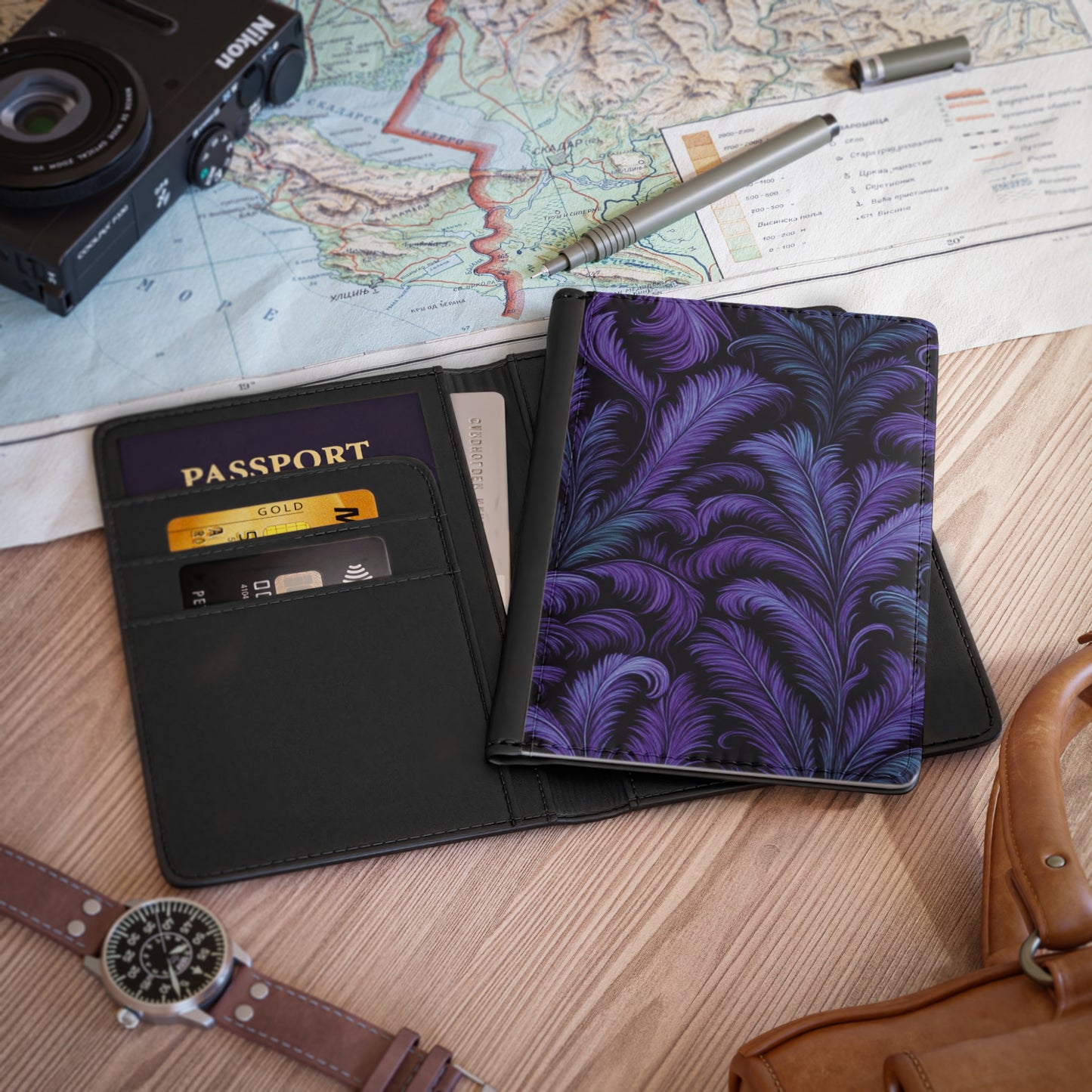 Tropical Passport Cover, Faux Leather - RFID blocking for travel security / Palms Rocco Purple