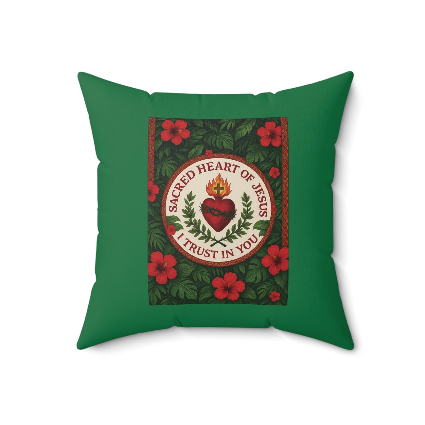Religious Decorative Pillow - Accent Cushion, 4 Sizes / Sacred Heart of Jesus Prayer, Dark Green