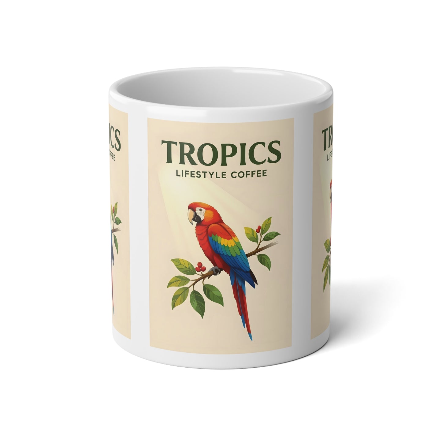 Jumbo Mug, 20oz, Colorful Parrot on Branch TLCoffee Logo | Tropical Coffee Cup