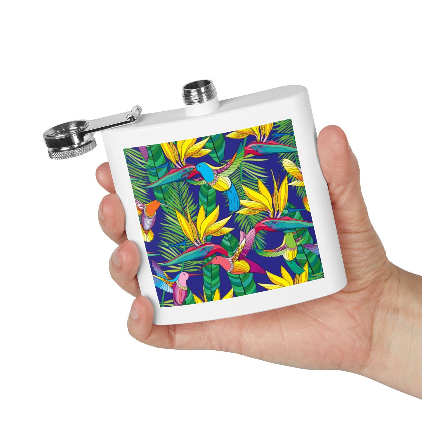 Tropical Stainless Steel 6 oz. Flask, Many Colors  – Bird of Paradise Toile