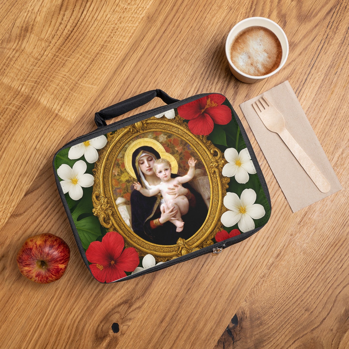 Religious Lunch Bag/Virgin of the Lilies - Eco-Friendly Insulated Tote, Adult and Child Lunchbox / Perfect for Picnics, Beach Outings
