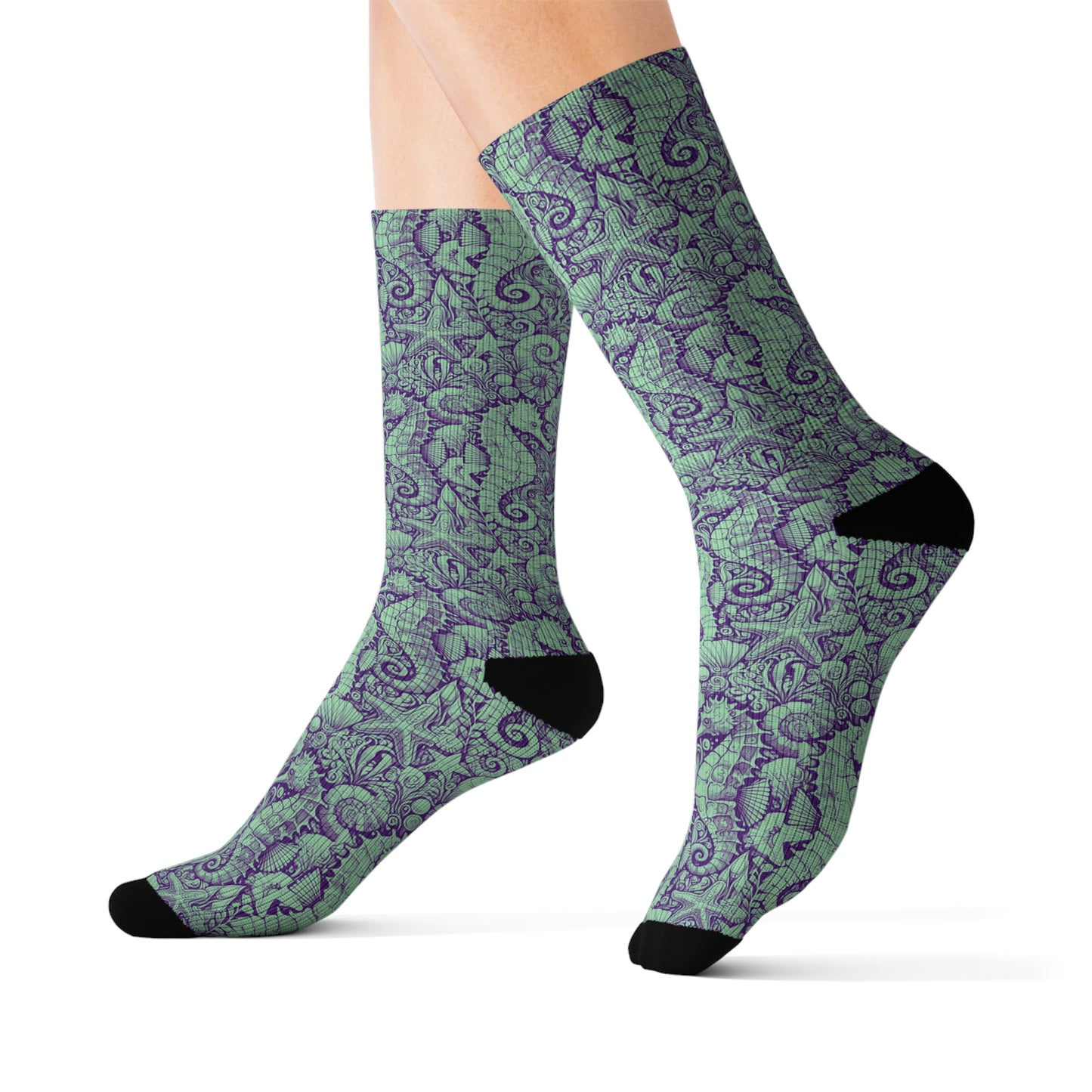 Seahorses/Minty Sublimation Fleece-Lined Socks - Colorful Tropical Design