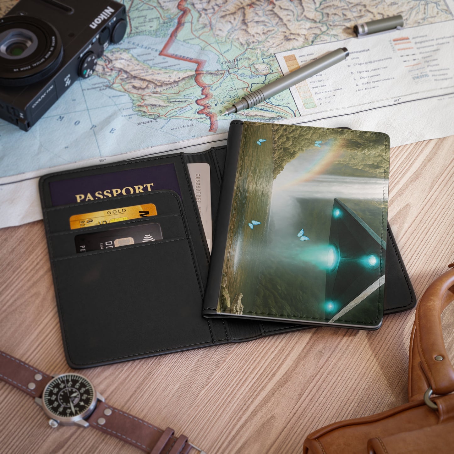 Tropical Passport Cover, Faux Leather - RFID blocking for travel security / UFO and Waterfall
