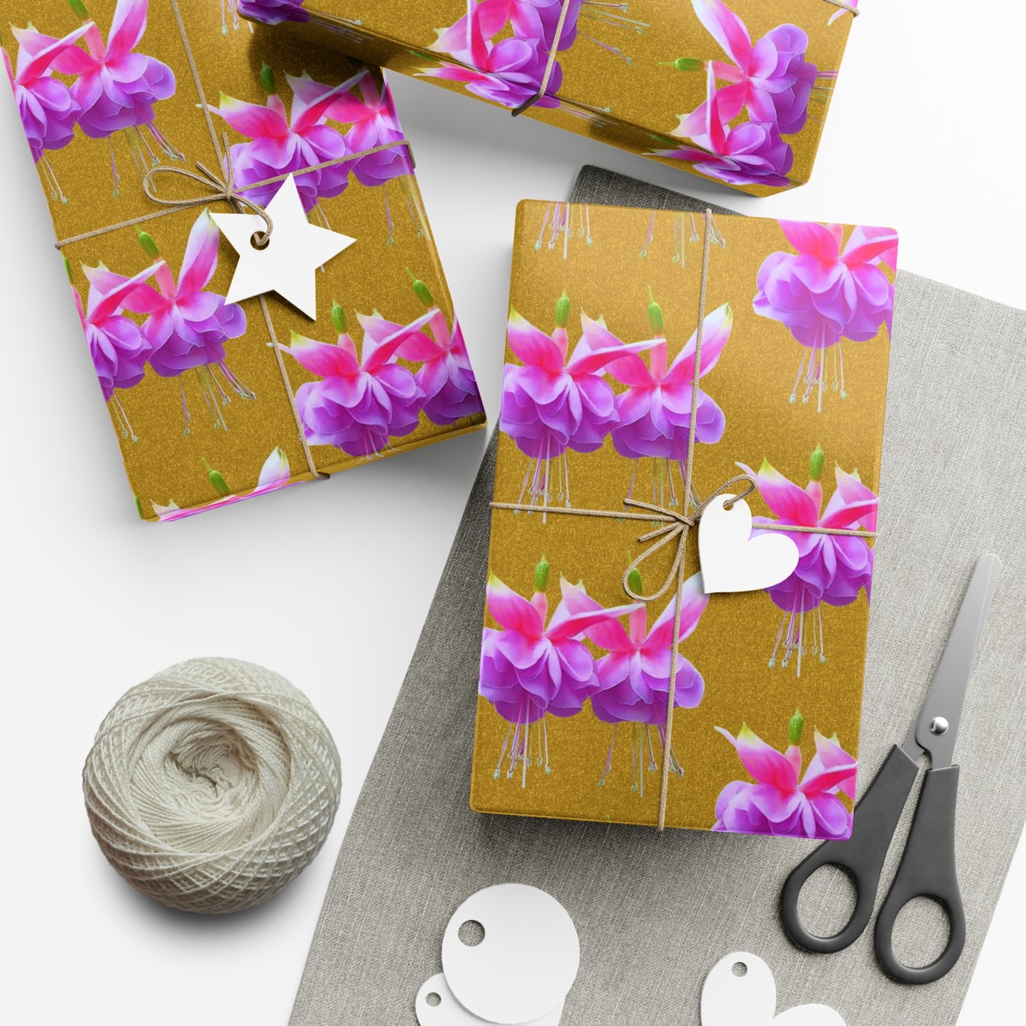 Gift Wrap Papers, Two Pink Fuchsias / Gold