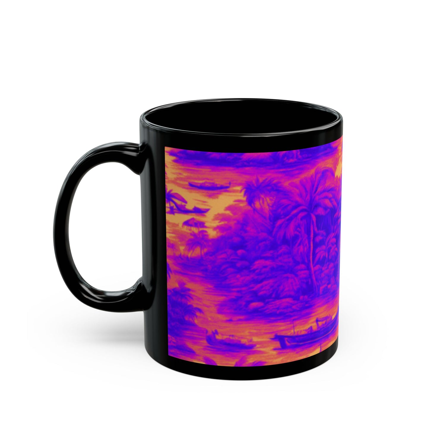 Black Mug (11oz, 15oz), Crazy Cool Tropical Toile Macro