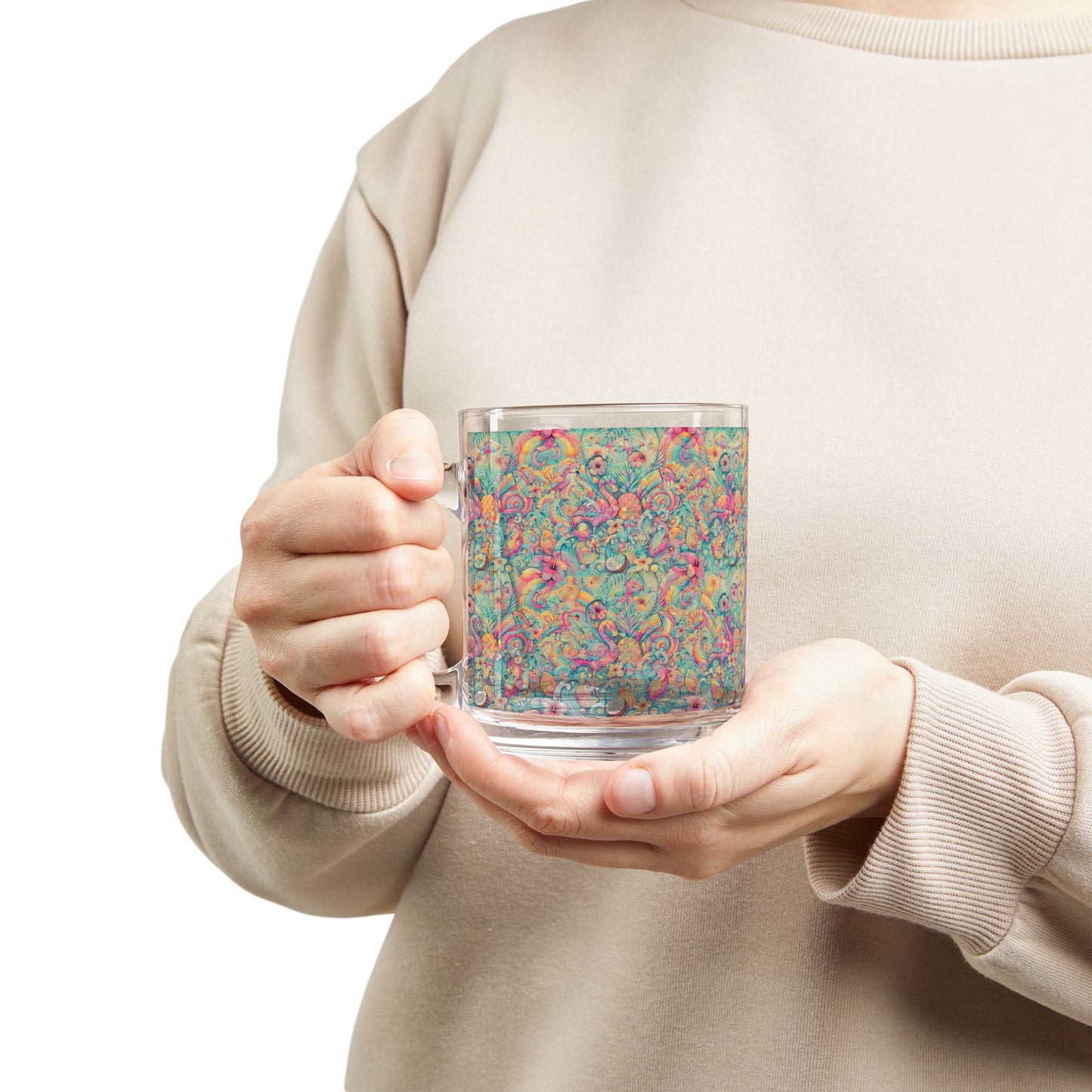Tropical Glass Mug - 10oz Coffee Cup / Flamingo Funday