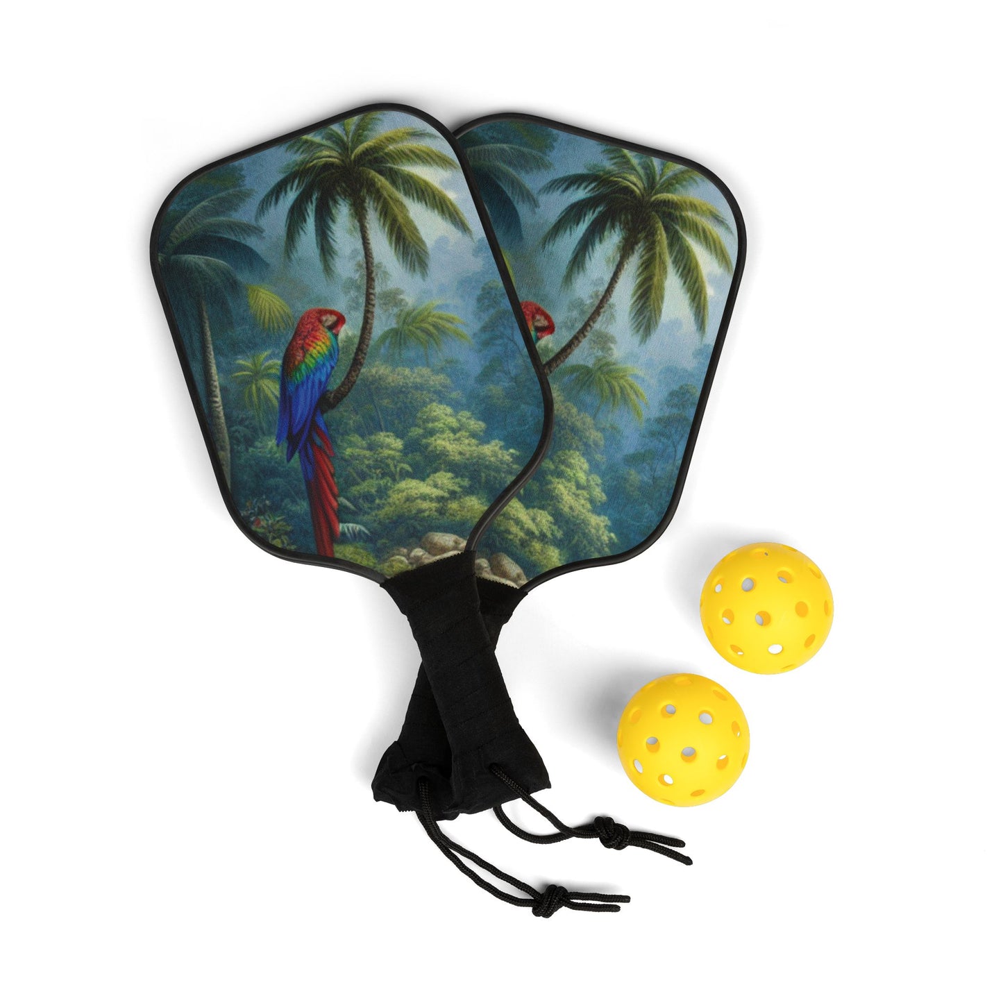 Tropical Pickleball Kit - Rainforest Vibe Paddles & Balls Set / Sleeping Parrot Beauty