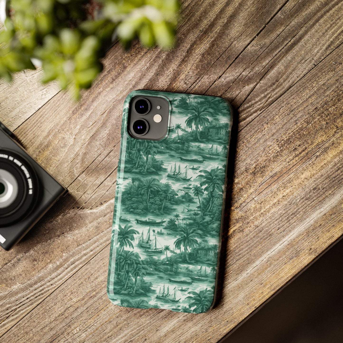 Slim Phone Cases - Tropical Toile #1, evergreen
