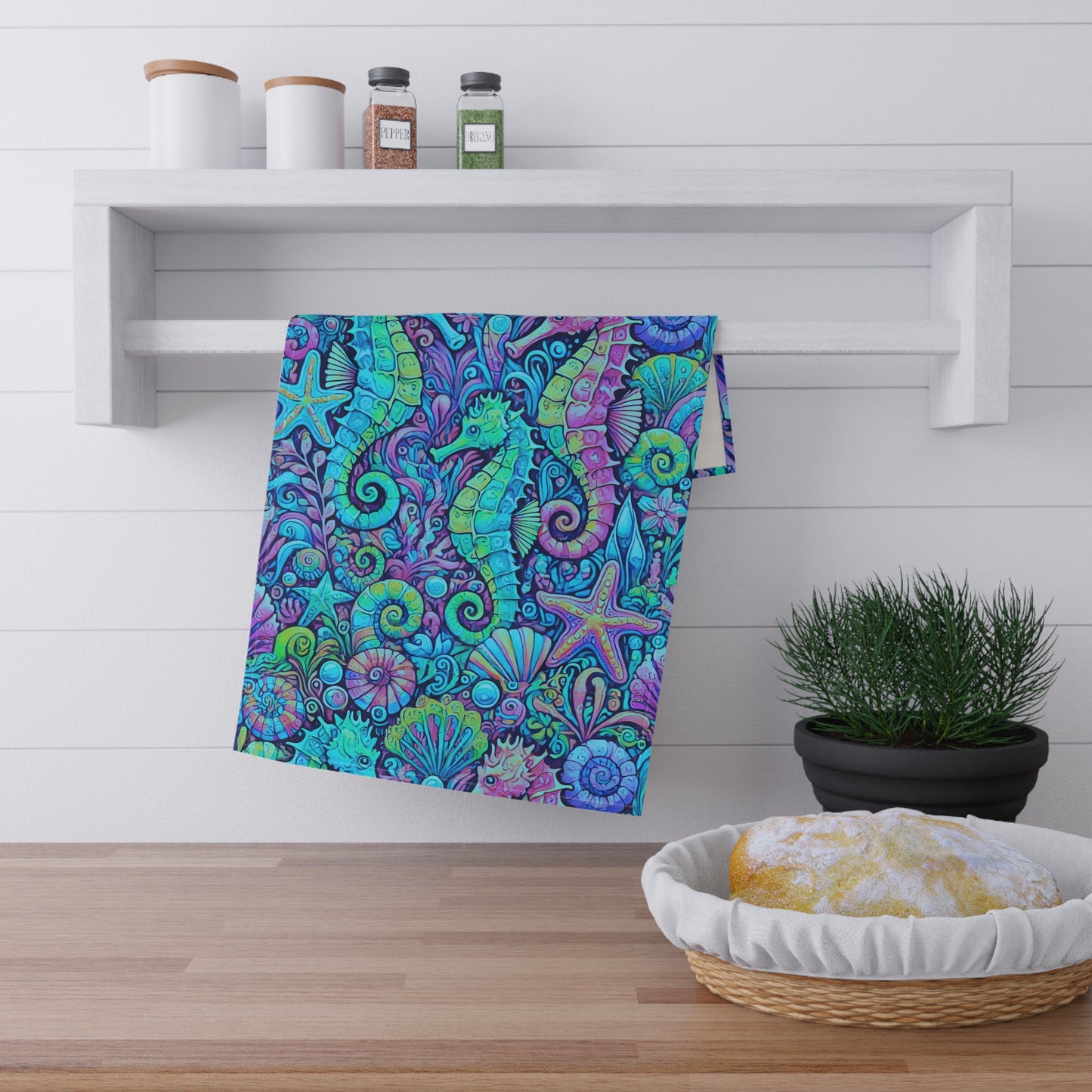 Tea Towels (cotton, poly), Seahorse Trio, Turquoise Pop