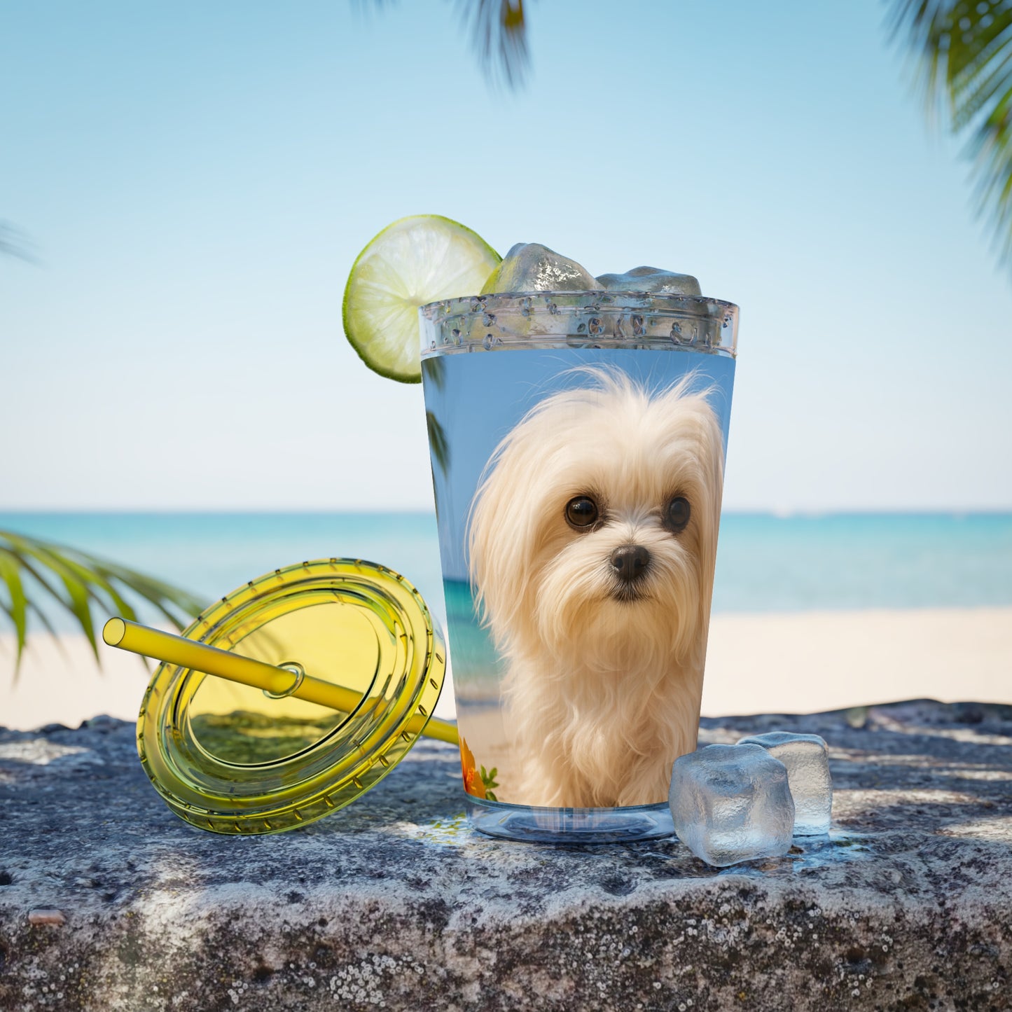 Tropical Tumbler with Straw | 16oz Colorful Travel Cup / Puppy Ariel at the Beach