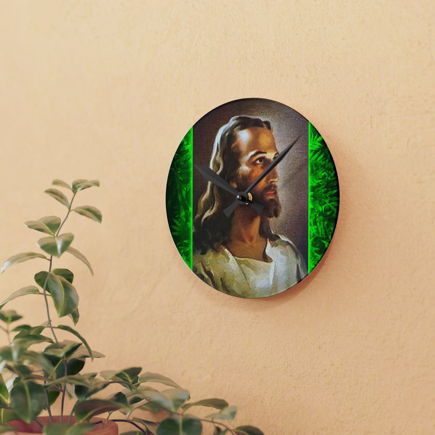 "Tropical Glow Head of Christ"  Acrylic Wall Clock - Elegant Religious Decor for Home and Office