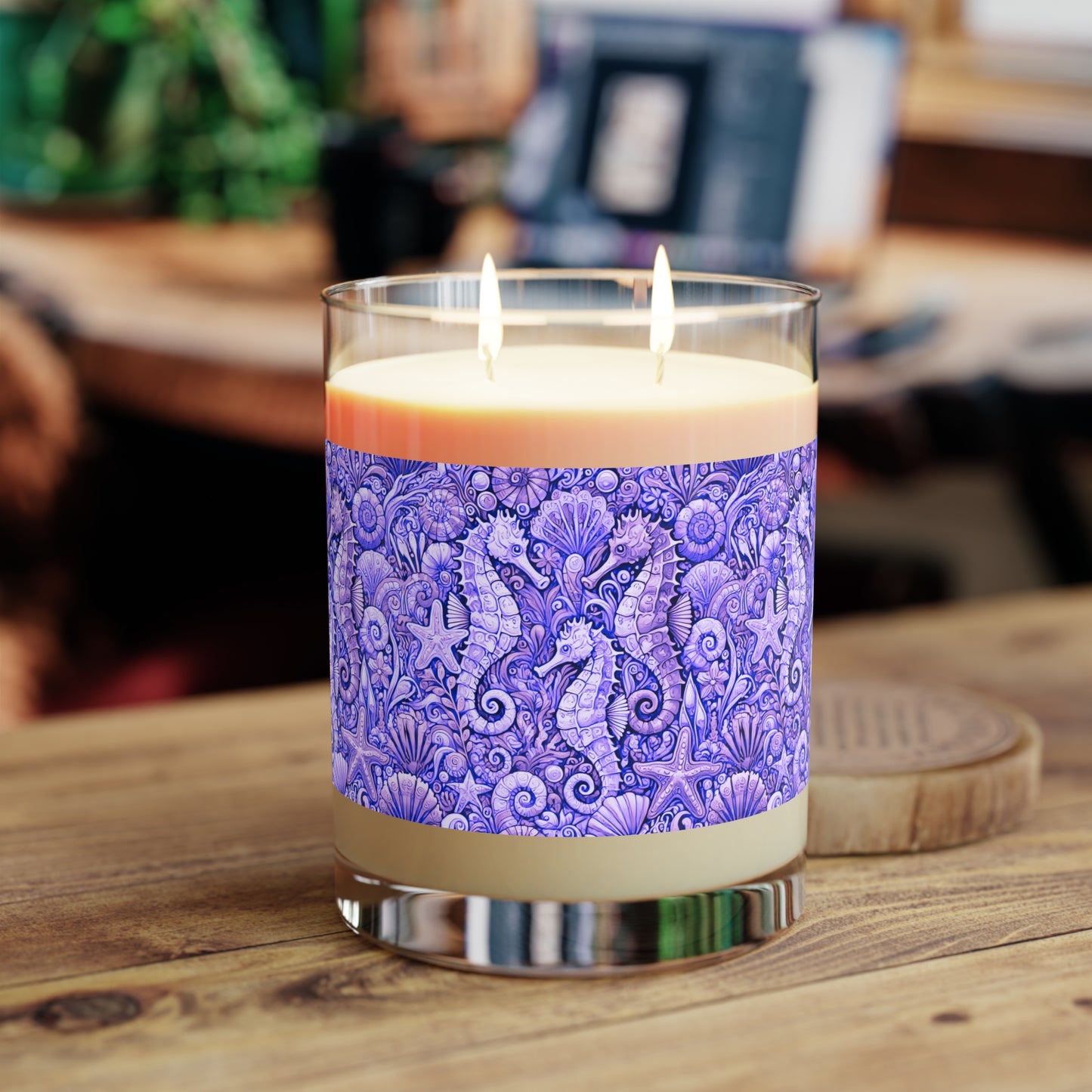 Seahorse Trio/Amethyst Scented Candle - 11oz Full Glass, Tropical Decor