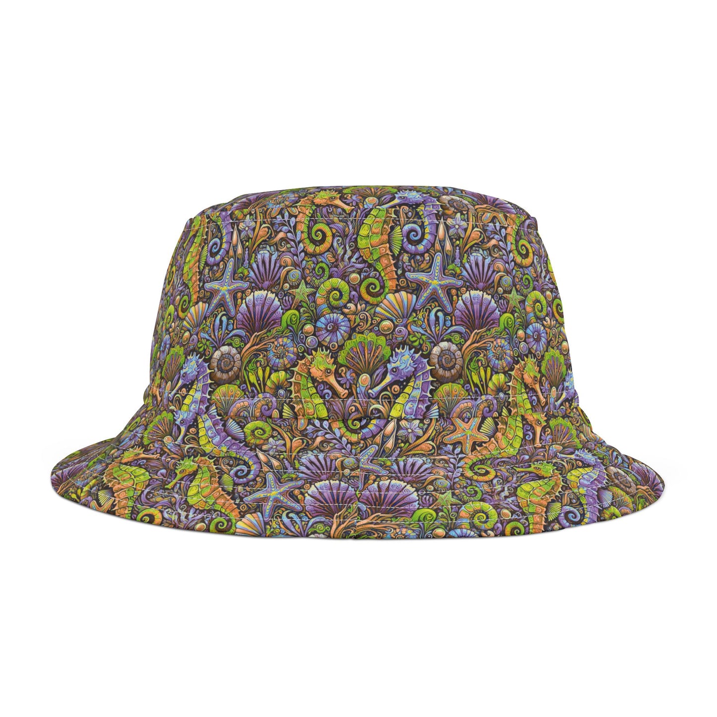 Tropical Polyester Bucket Hat, 2 Sizes - Seahorses Purple