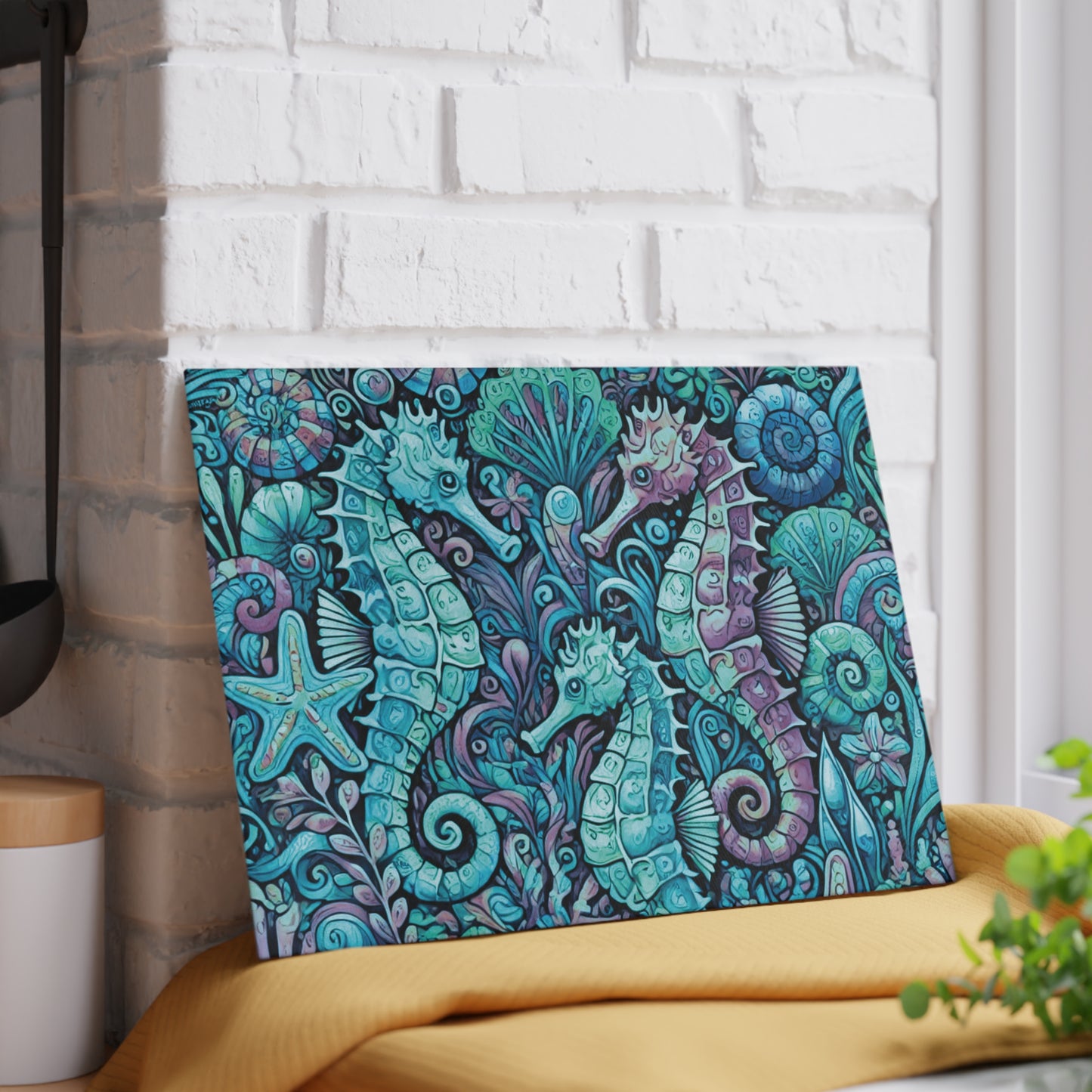 Glass Cutting Board, 2 sizes - Seahorses/Turquoise