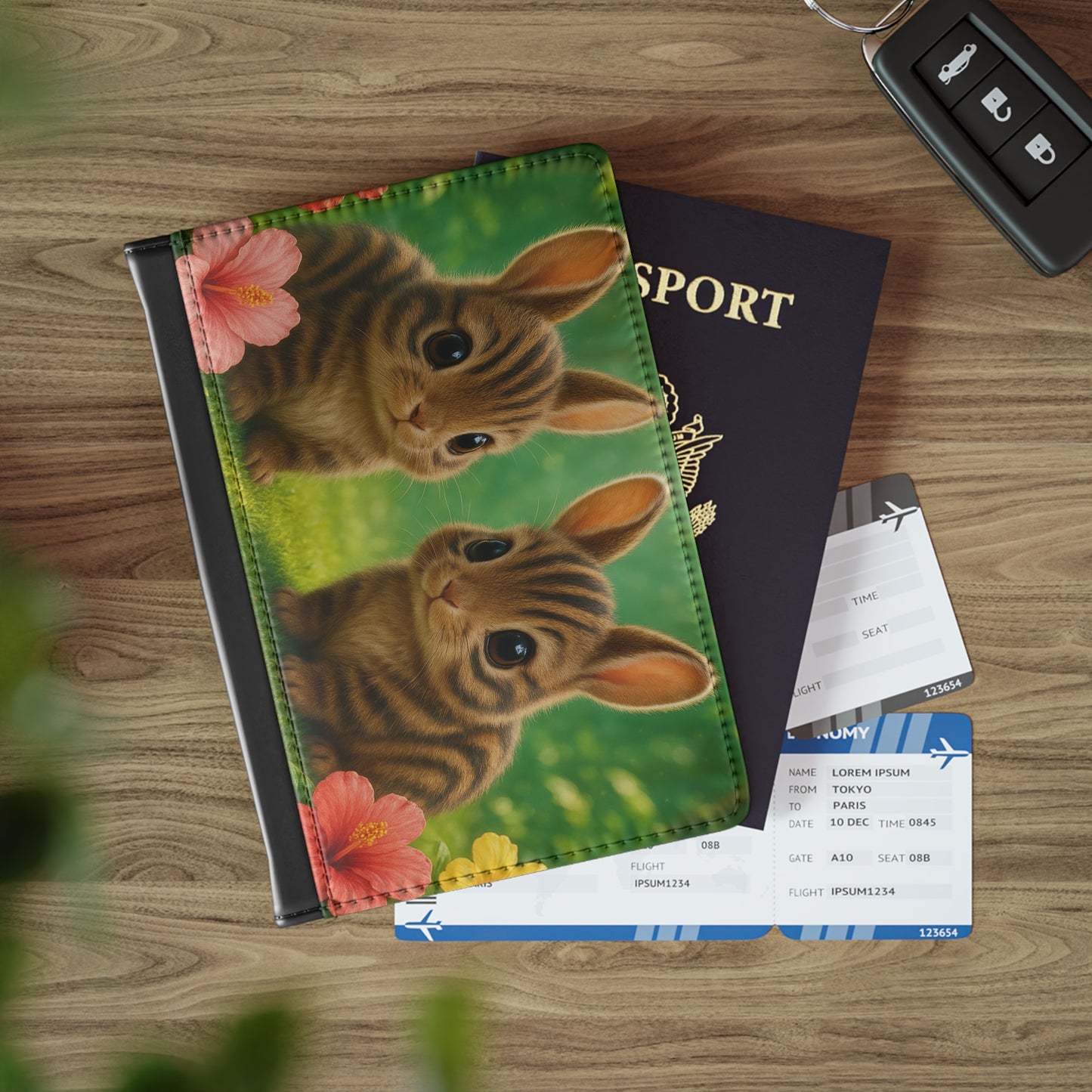 Tropical Passport Cover, Faux Leather - RFID blocking for travel security / Rainforest Sumatran Rabbits