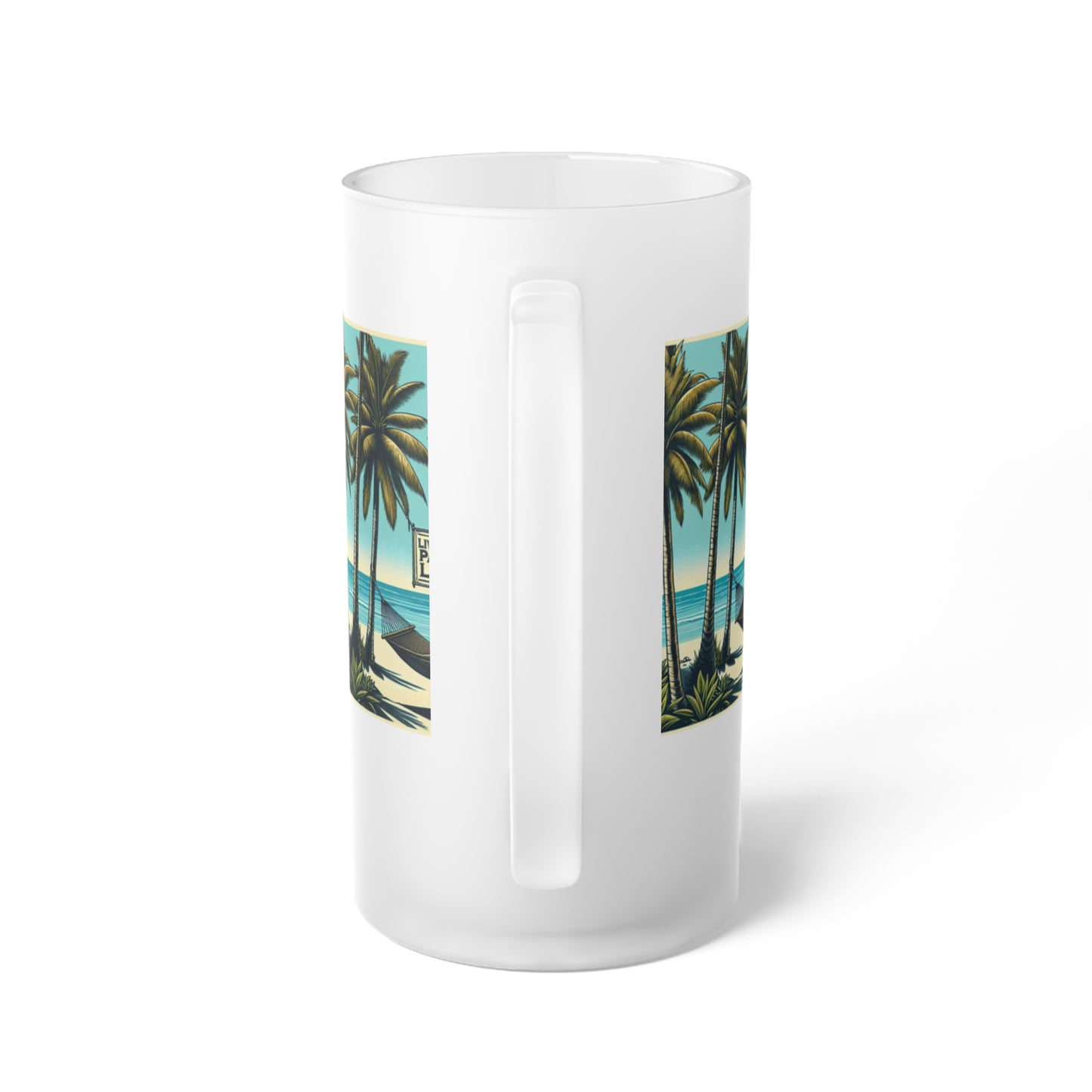 Frosted Glass Beer Mug, Hammock on the Beach