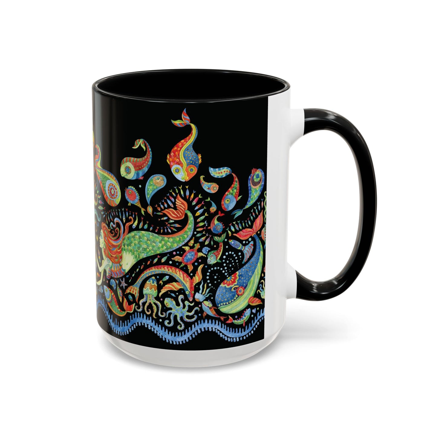 Mermaid Kingdom/Black, Coffee Mug, 8 Colors - Fun Tropical Drinkware for Beach Vibes