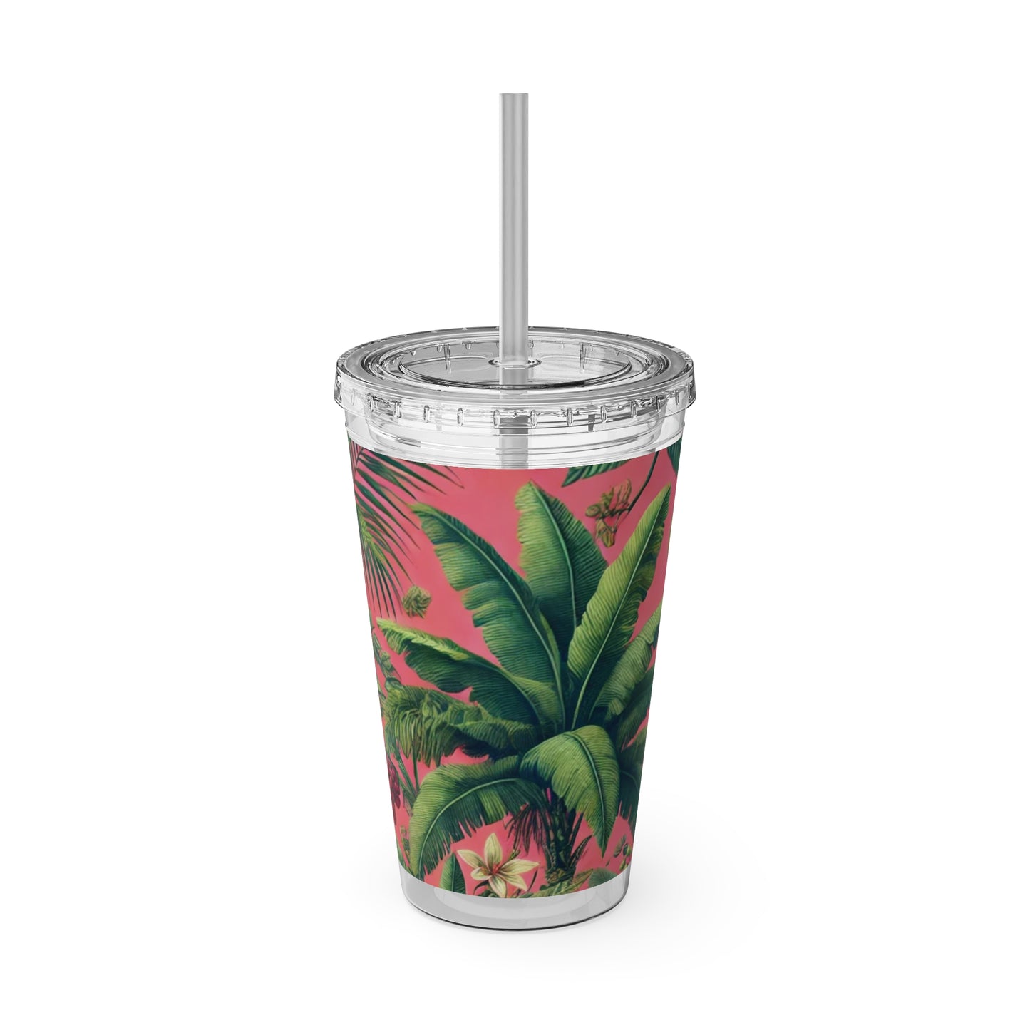 Tropical Tumbler with Straw | 16oz Colorful Travel Cup / More Tropical Fruit, Coral