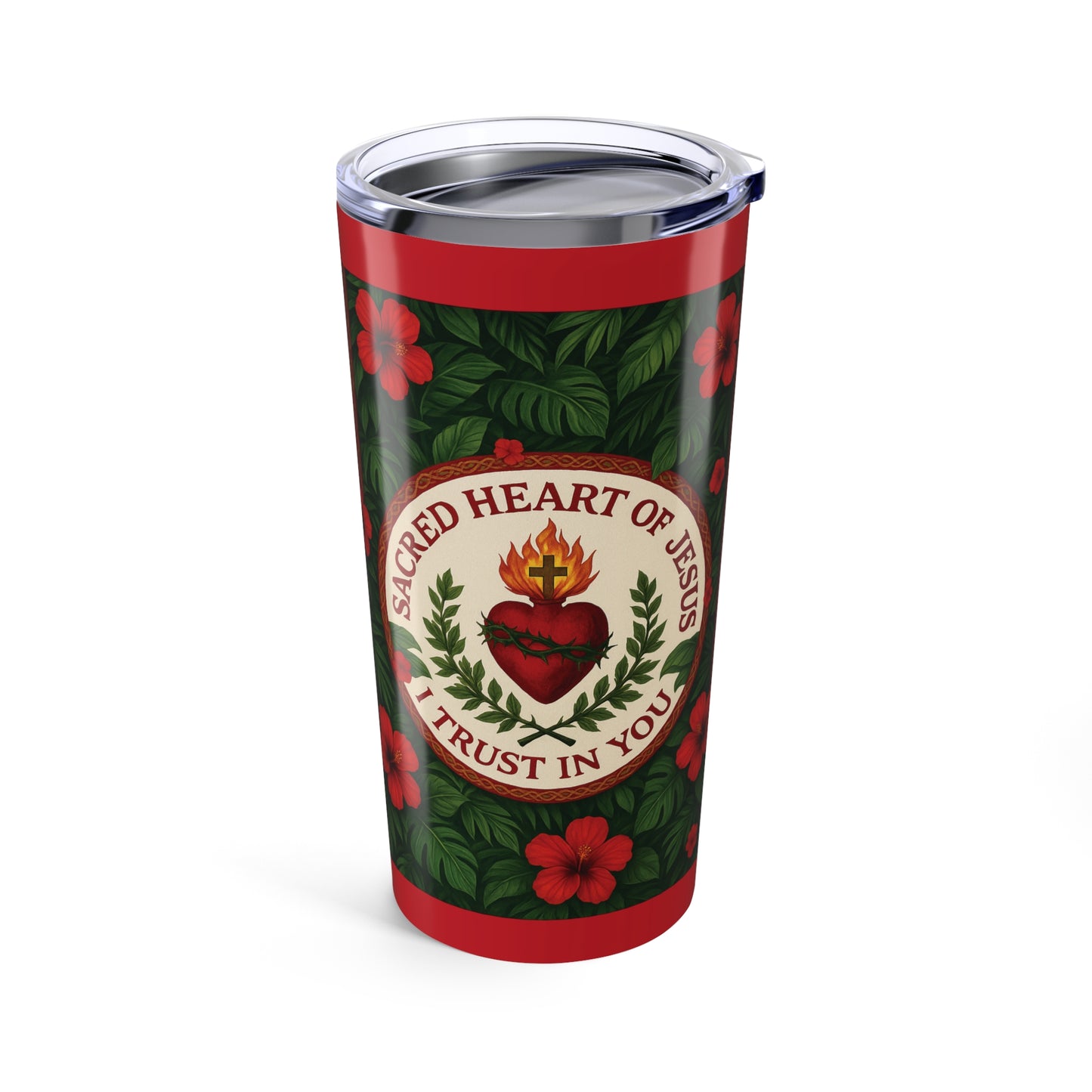 Religious 20oz Tropical Glossy Tumbler - Sacred Heart of Jesus Prayer, Dark Red