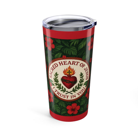 Religious 20oz Tropical Glossy Tumbler - Sacred Heart of Jesus Prayer, Dark Red