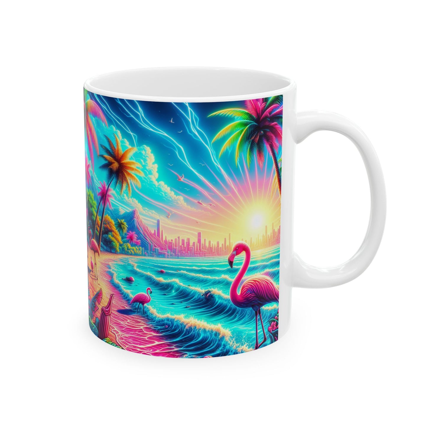 Ceramic White Mug - 11oz & 15oz, / Pop Art Flamingo Beach