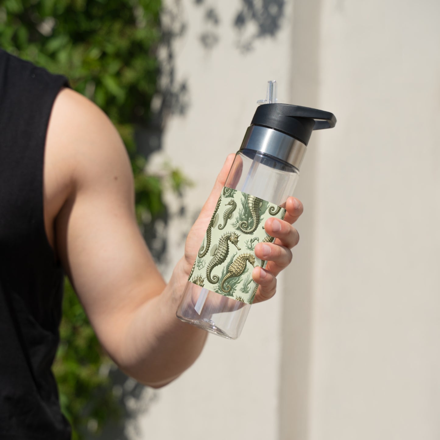 Tropical 20oz Tritan Sport Water Bottle -  Leakproof, Lightweight, BPA-Free / Green Toile Seahorses