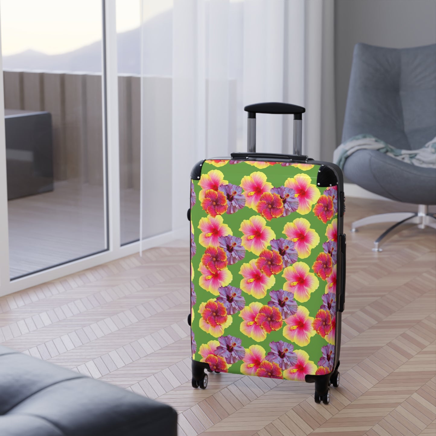 Colorful Tropical Suitcase - Stylish Travel Luggage for Adventurers / Three Colors Hibiscus Flowers