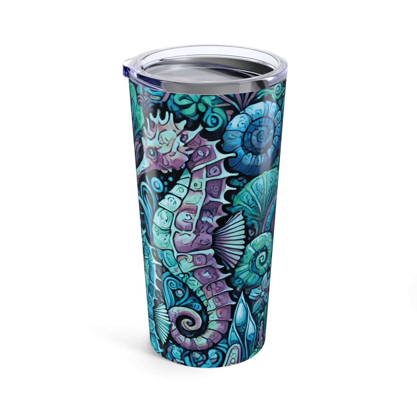 20oz Tropical Glossy Tumbler, Stainless Steel / Seahorse Trio, Turquoise