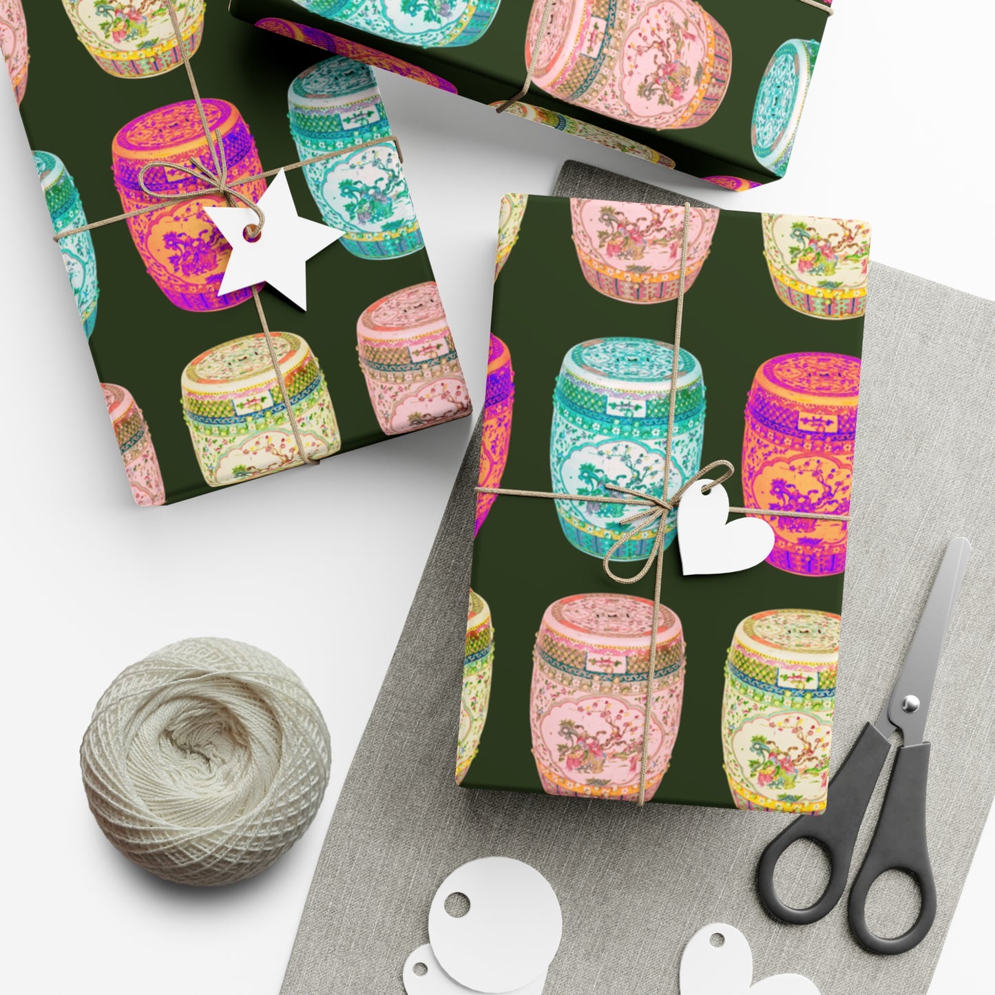 Wrapping Paper - Tropical Gift Wrap for All Occasions / 3 Sizes, 2 Finishes / Pop Art Porcelain Stools, Black