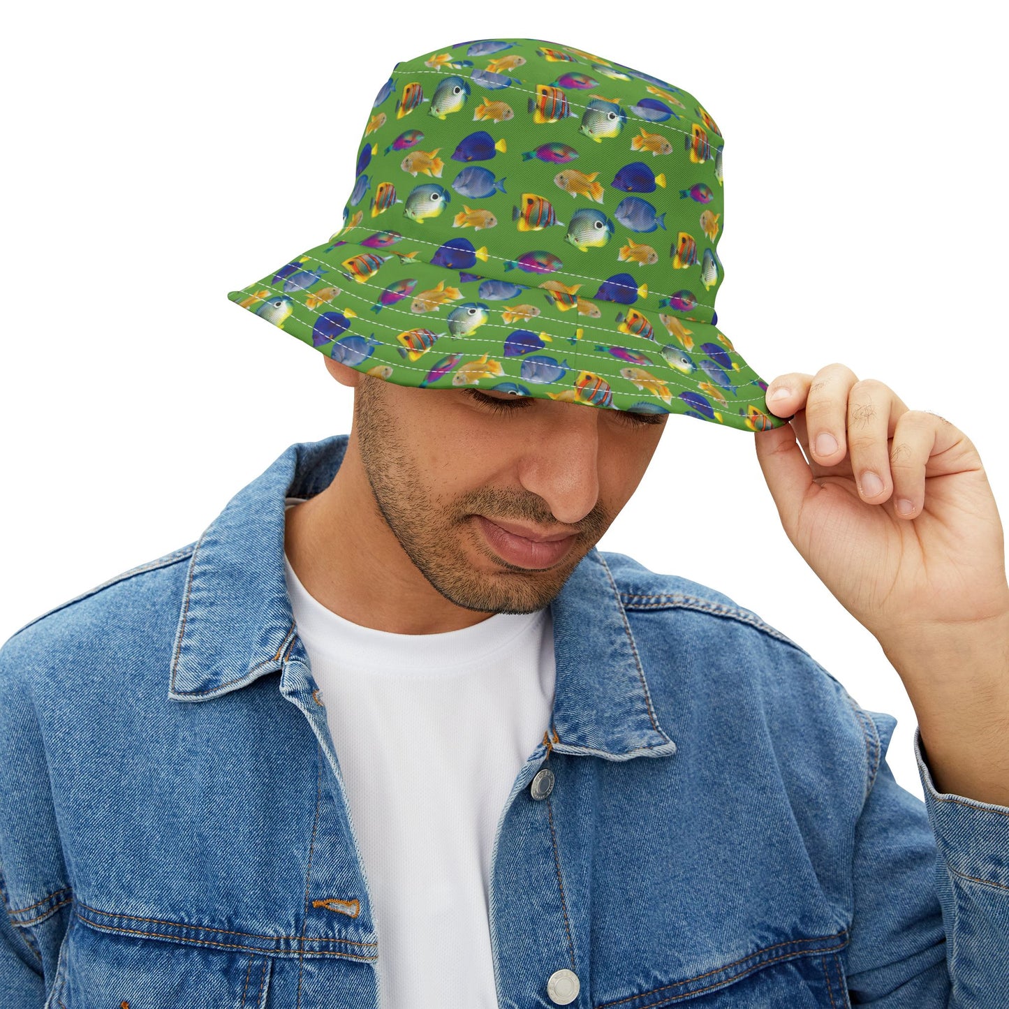 Tropical Polyester Bucket Hat, 2 Sizes - School of Fish / Light Green