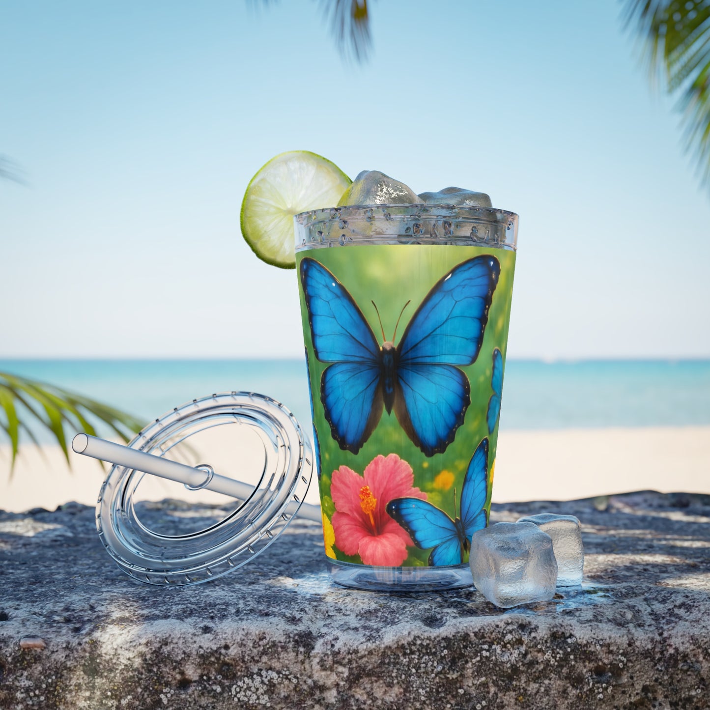 Tropical Tumbler with Straw | 16oz Colorful Travel Cup / Morpho Butterflies Flight