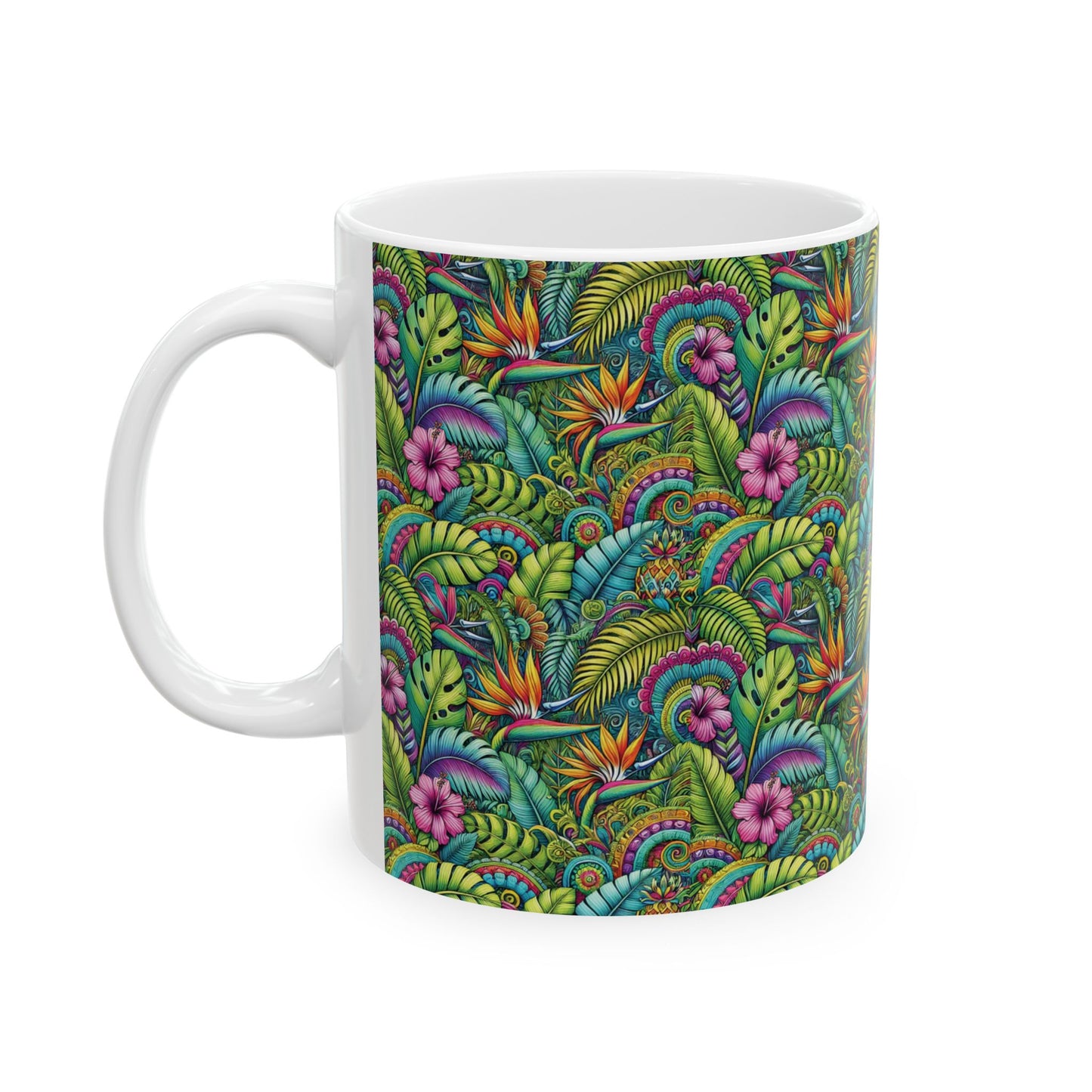 Ceramic White Mug - 11oz & 15oz, Rainforest Blooms