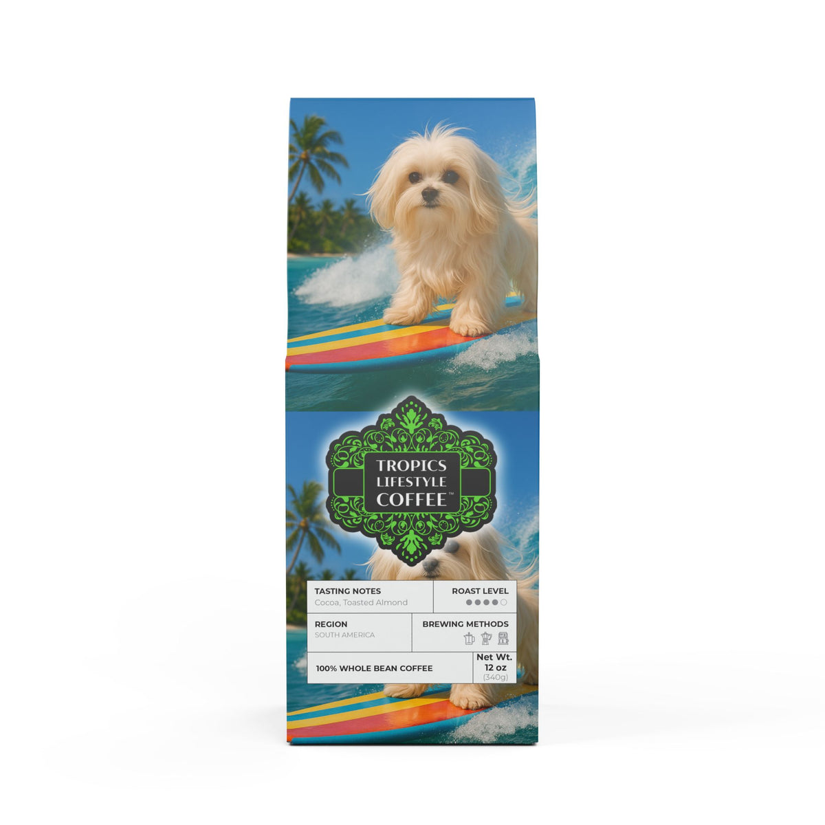 Midnight Surf Blend™ (Medium-Dark Roast) Specialty Grade Craft Coffee / Surfing Ariel Puppy