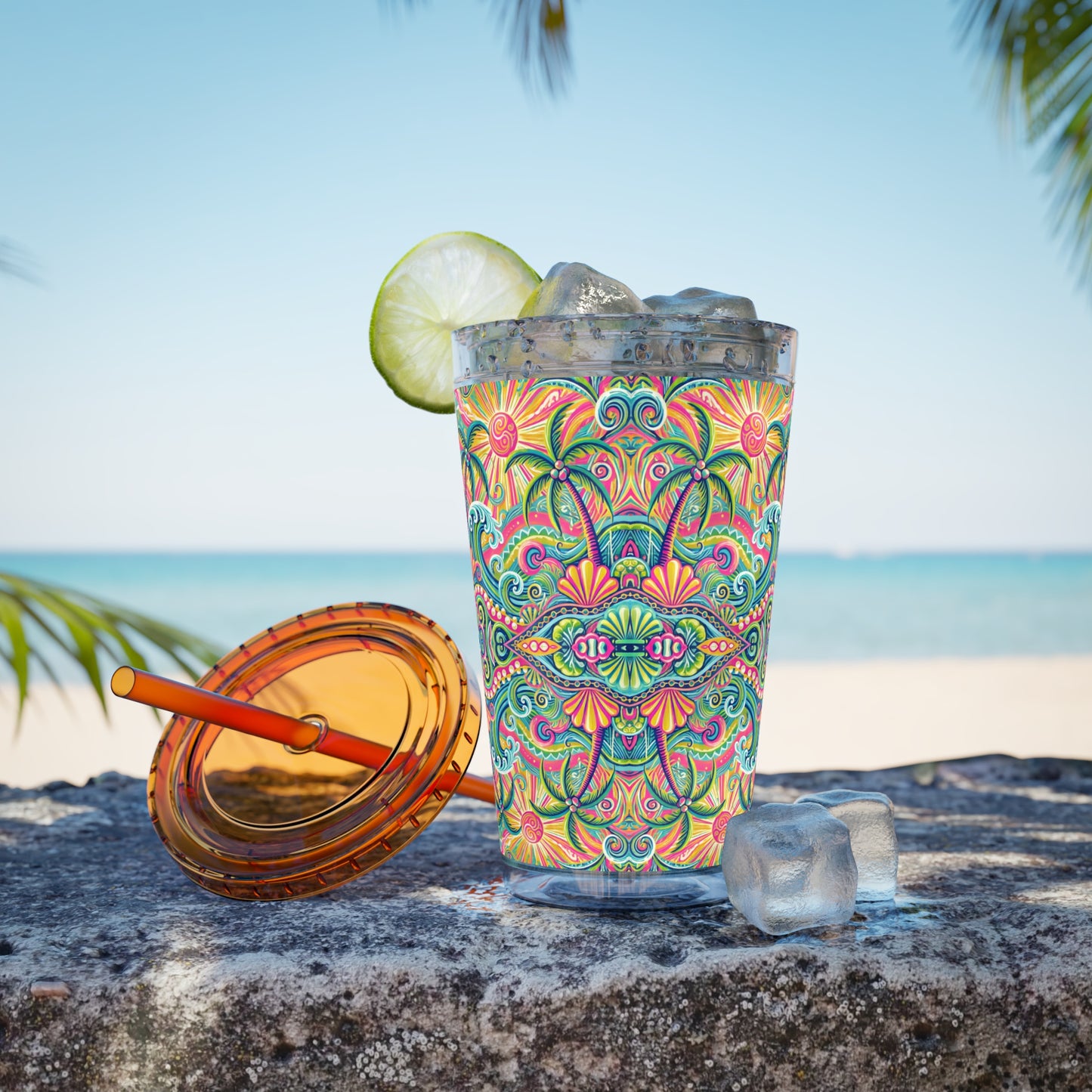 Tropical Tumbler with Straw | 16oz Colorful Travel Cup / Kaleido Bay
