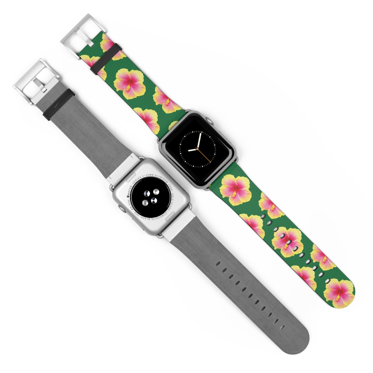 Apple Watch Band - REAL Yellow/Orange Hibiscus Flower, Dark Green