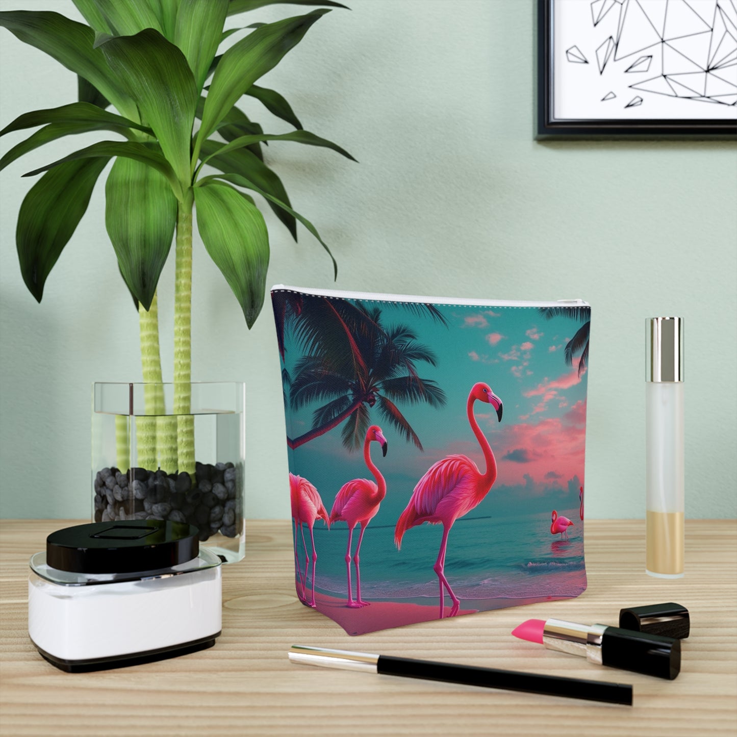 Tropical Cotton Cosmetic Bag, Makeup Pouch, 5 Sizes / Neon Flamingos at Night