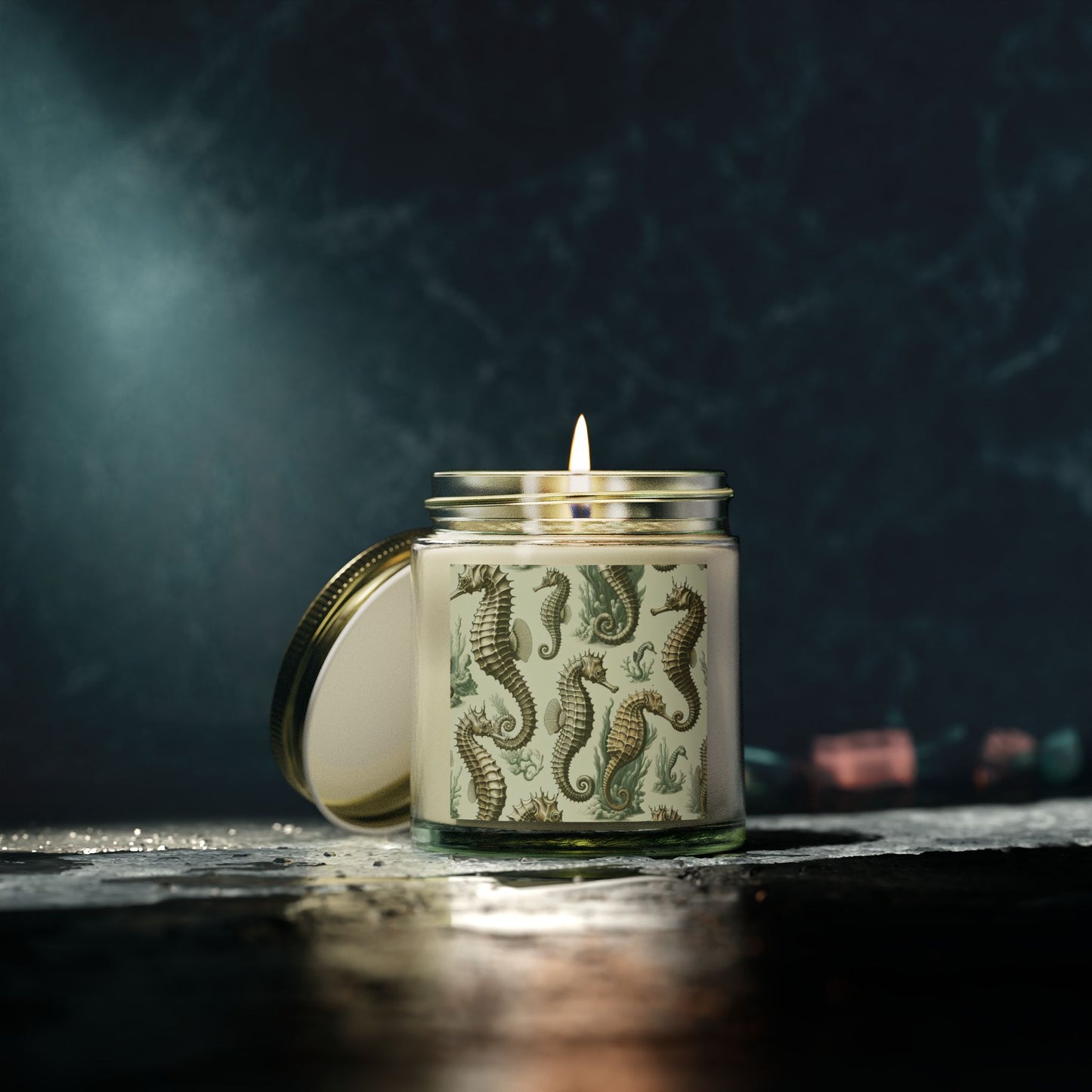 Tropical Green Toile Seahorses Scented Candles - Coconut Apricot Wax (4oz, 9oz)