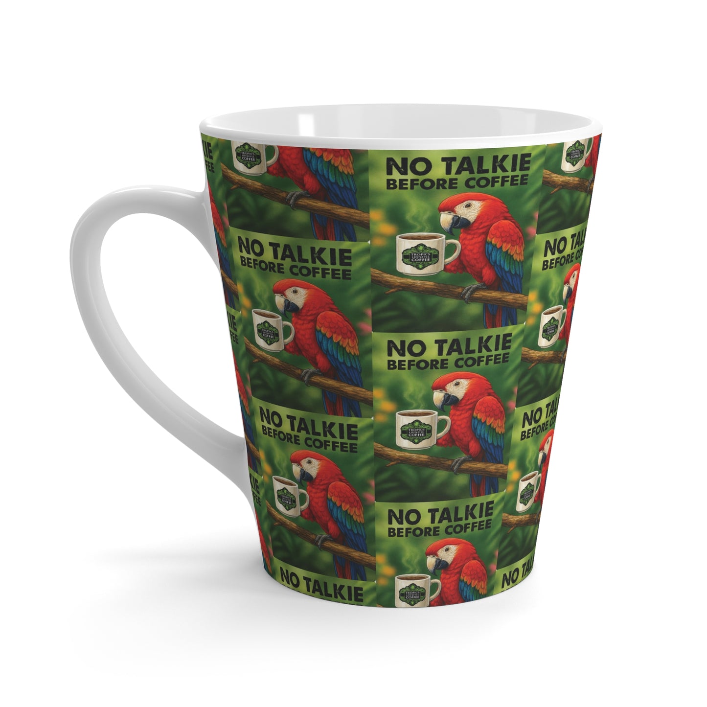Latte White Mug - No Talkie Before Coffee Parrot, Mini Repeat