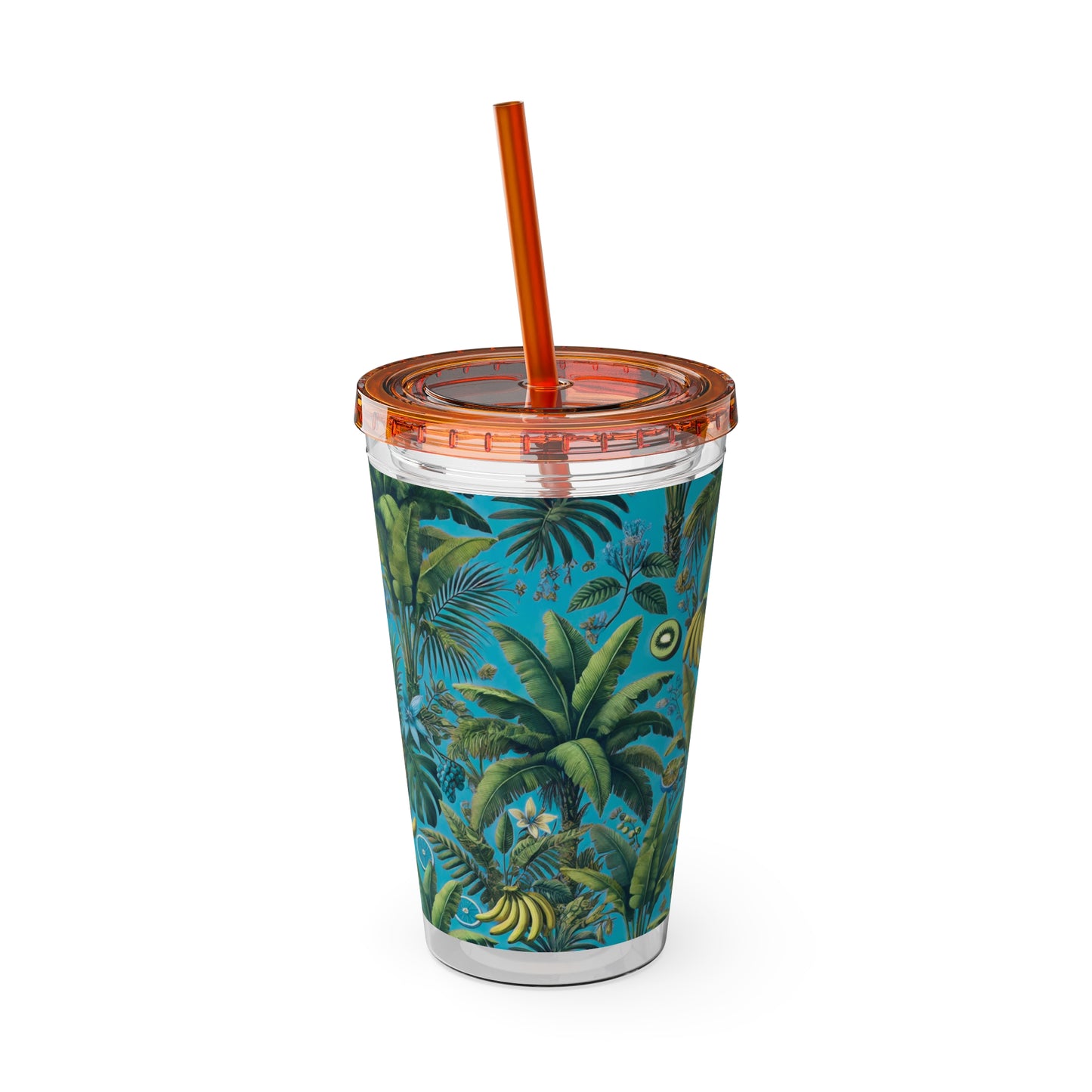 Tropical Tumbler with Straw | 16oz Colorful Travel Cup / More Tropical Fruit, Aqua Blue