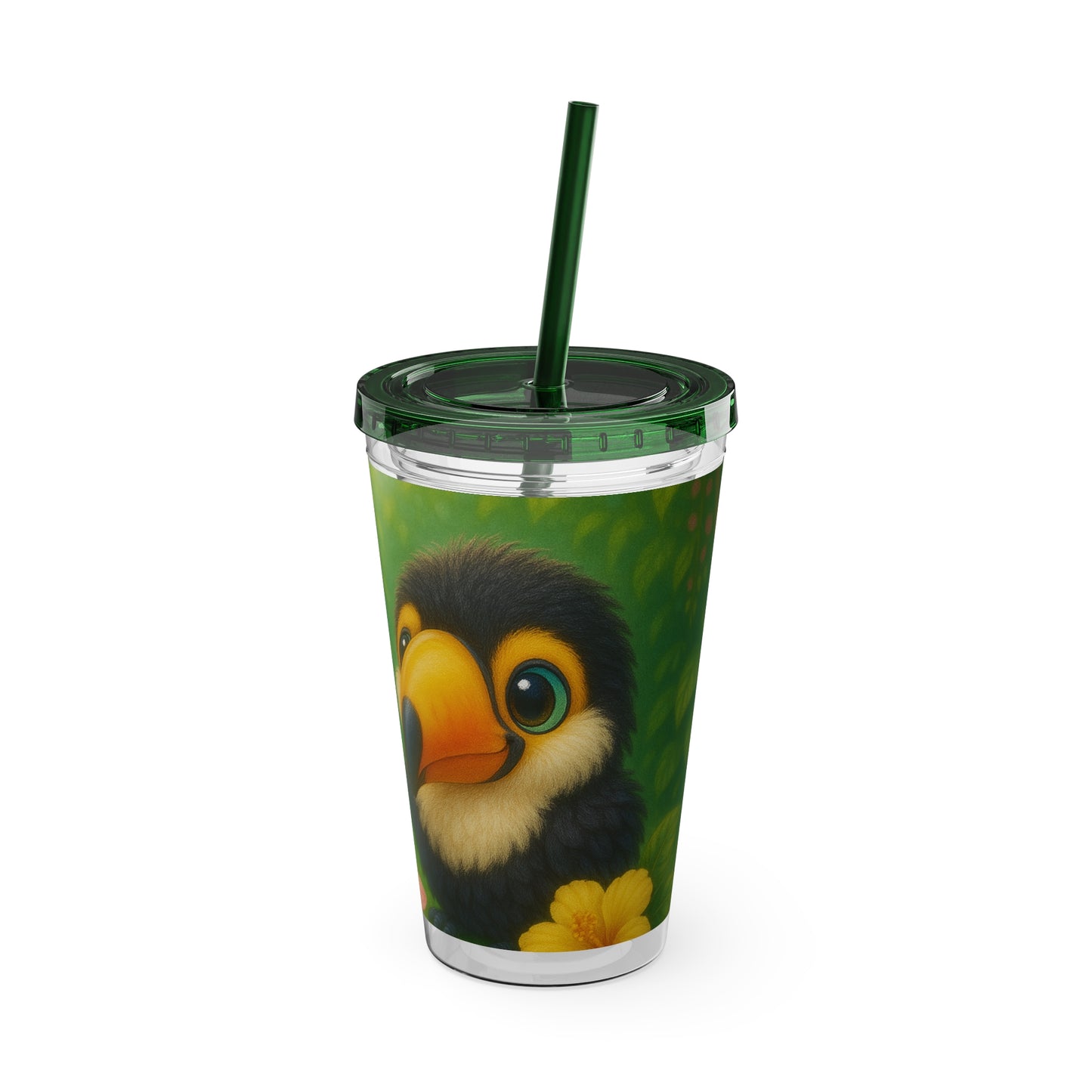 Tropical Tumbler with Straw | 16oz Colorful Travel Cup / Baby Toucans