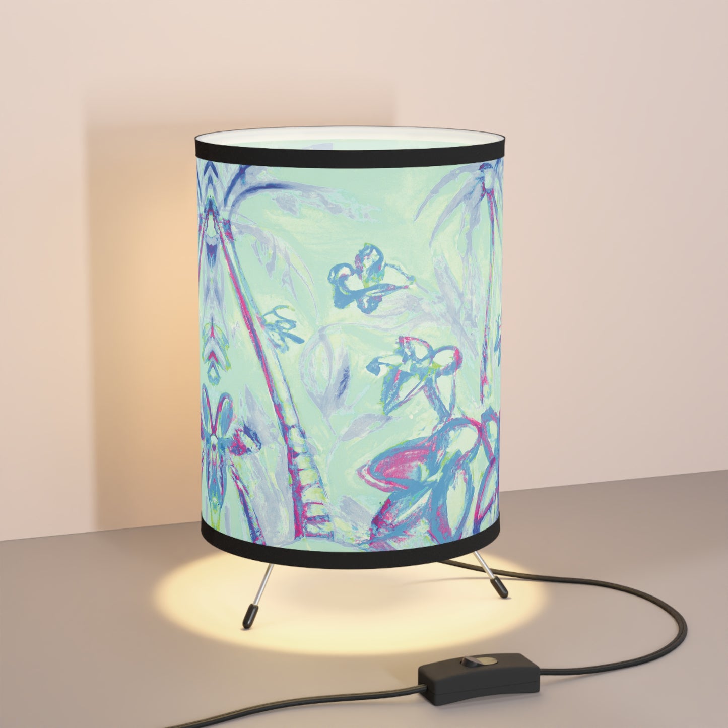 Tropical Doodles/Blue Tripod Lamp with Artistic High-Res Shade - Perfect for Home Décor