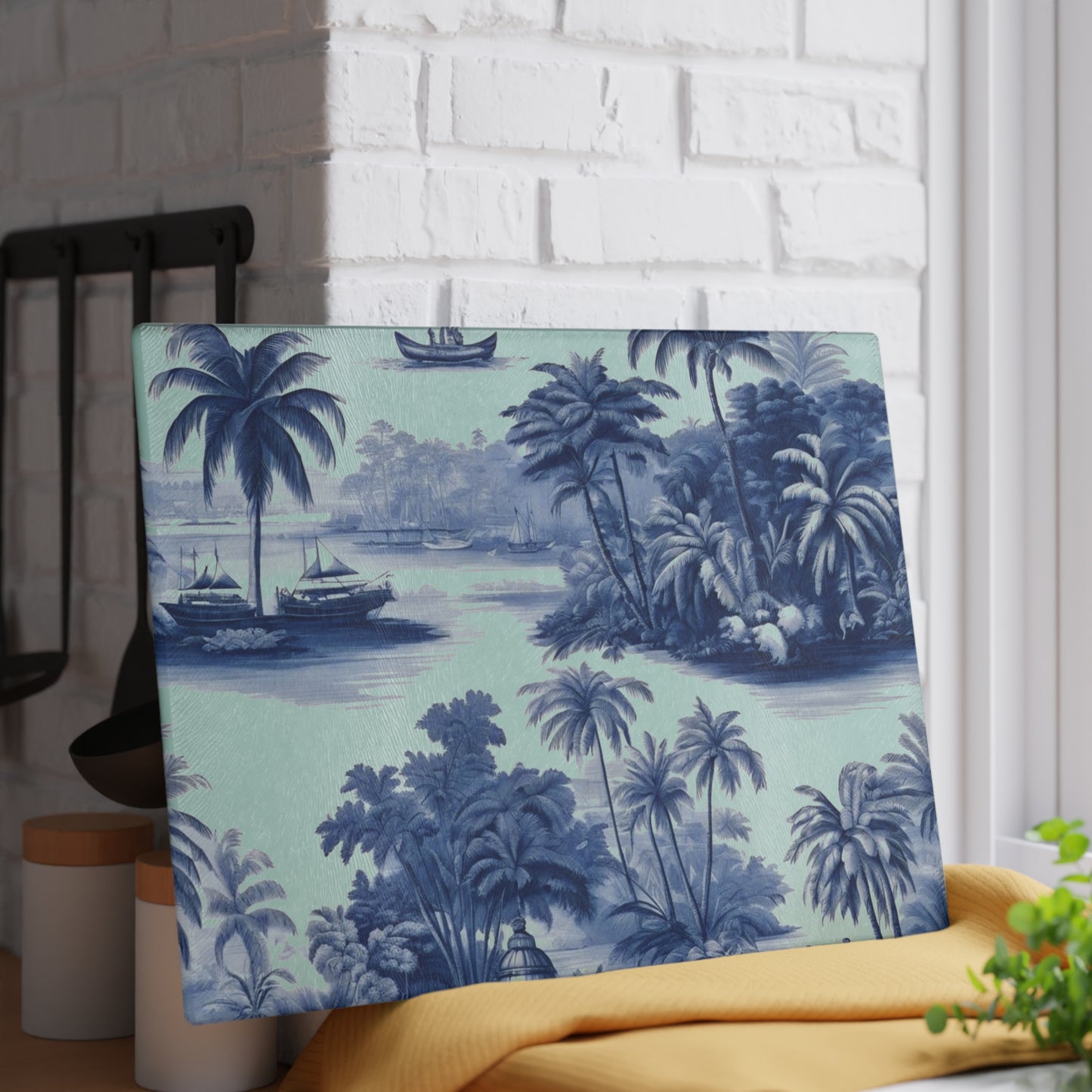 Glass Cutting Board, 2 sizes - Tropical Toile #2, blue